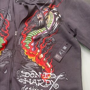 Ed Hardy Gray Zip Hoodie with Colorful Dragon Graphics cool large